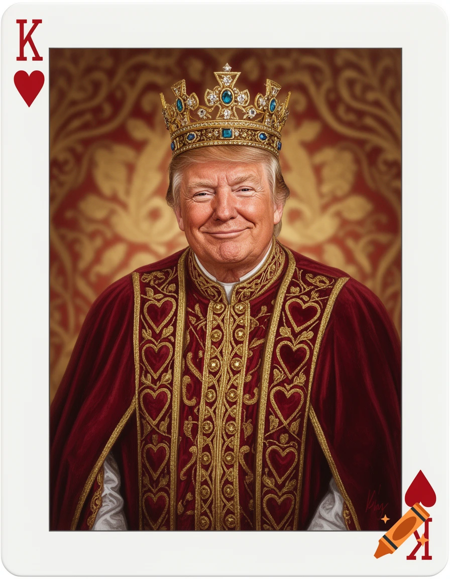 Donald Trump depicted as the King of Hearts on a playing card, wearing a crown and an ornate red robe.