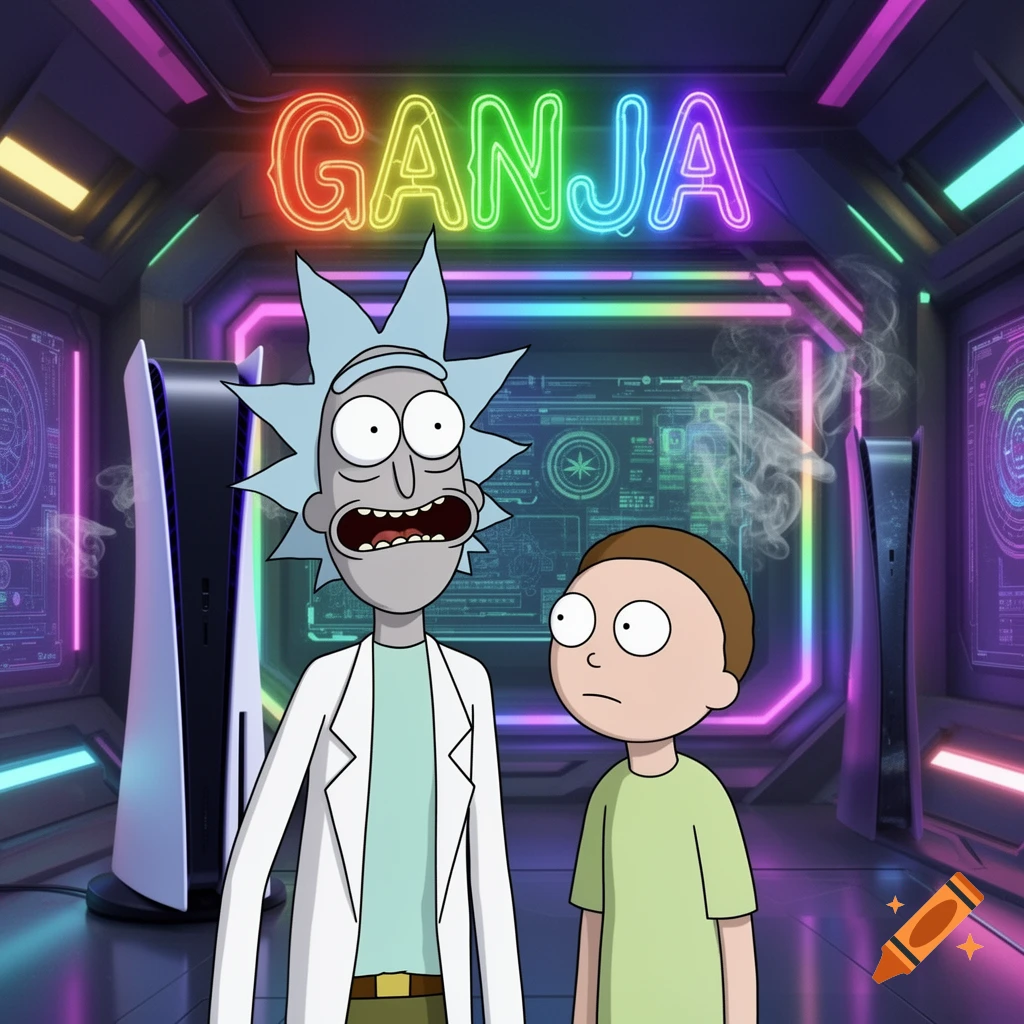 Rick and Morty stand in a futuristic room with neon lights, PS5 consoles, and a 'GANJA' sign.