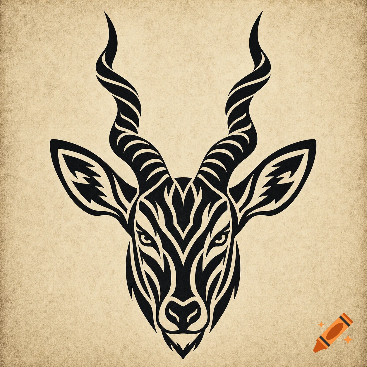 Symmetrical tribal-style black vector illustration of a bongo antelope head with spiral horns on a beige parchment background.