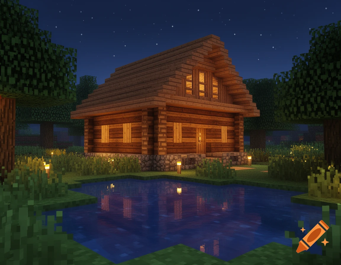 A pixelated Minecraft-style log cabin with illuminated windows by a pond under a starry night sky.
