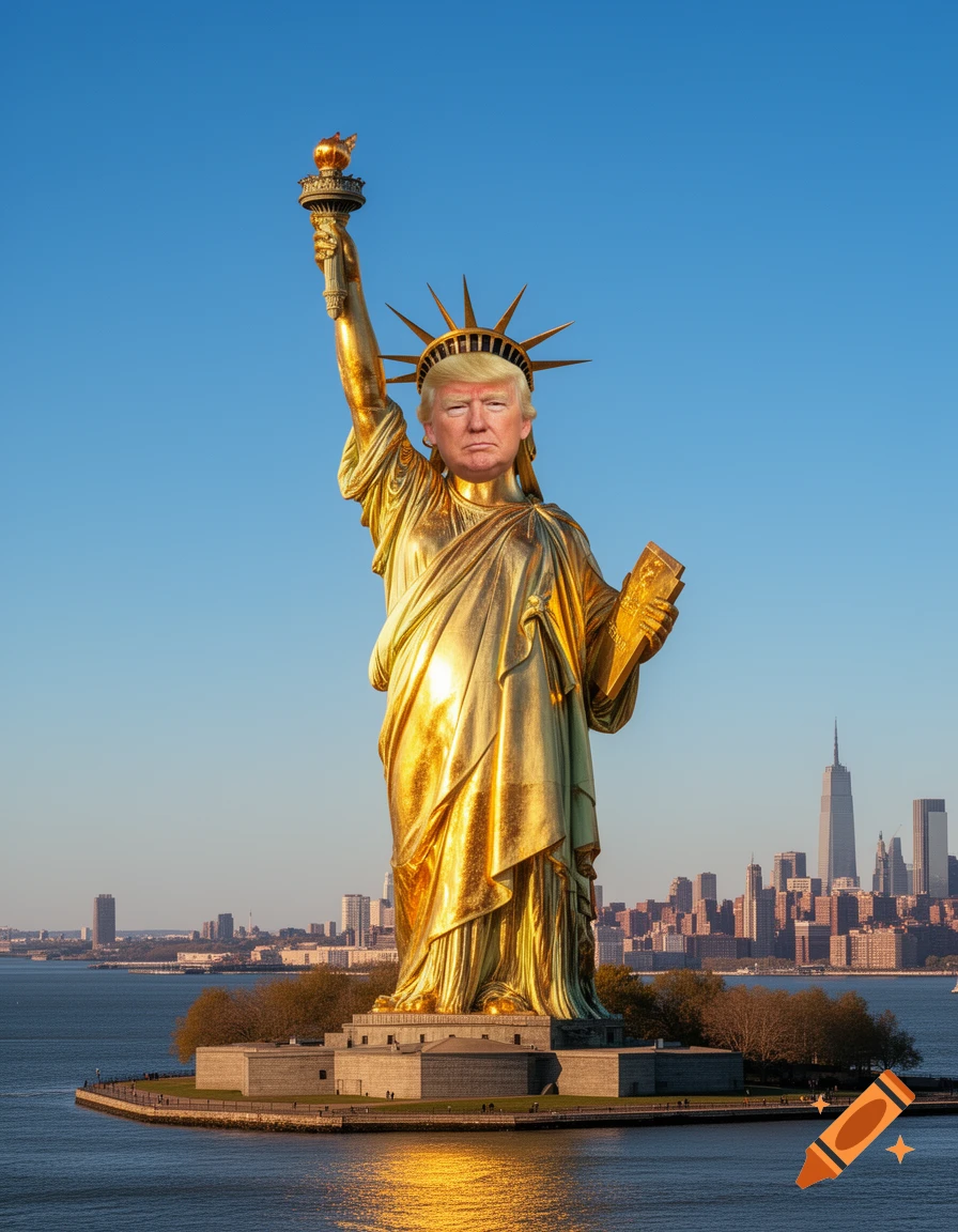 Gold-plated Statue of Liberty with Donald Trump's face in New York Harbor, against a clear blue sky and city skyline.