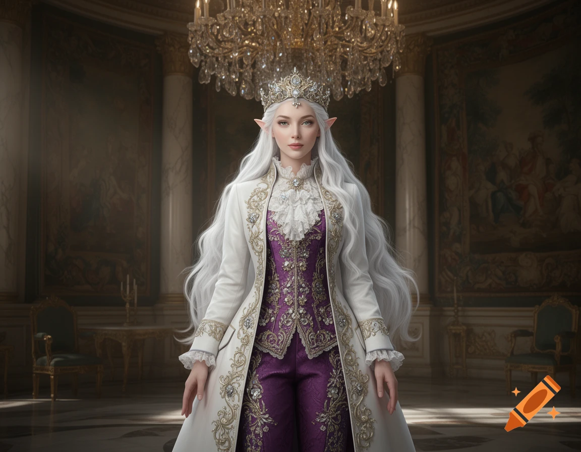 A majestic female elf with long white hair, a crown, and an ornate purple and white Rococo suit stands in a grand palace hall.