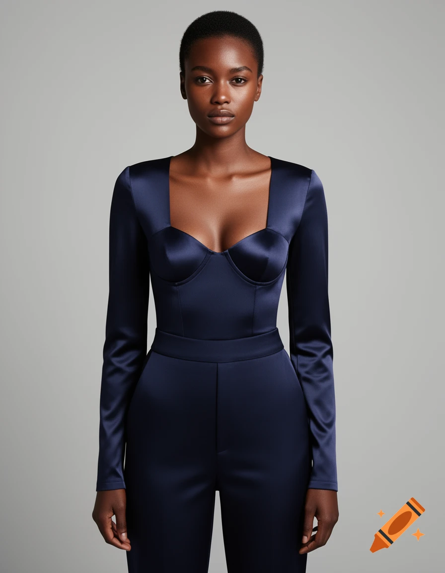A striking woman with short hair poses in a dark blue, long-sleeved satin bodysuit and matching pants against a grey background.