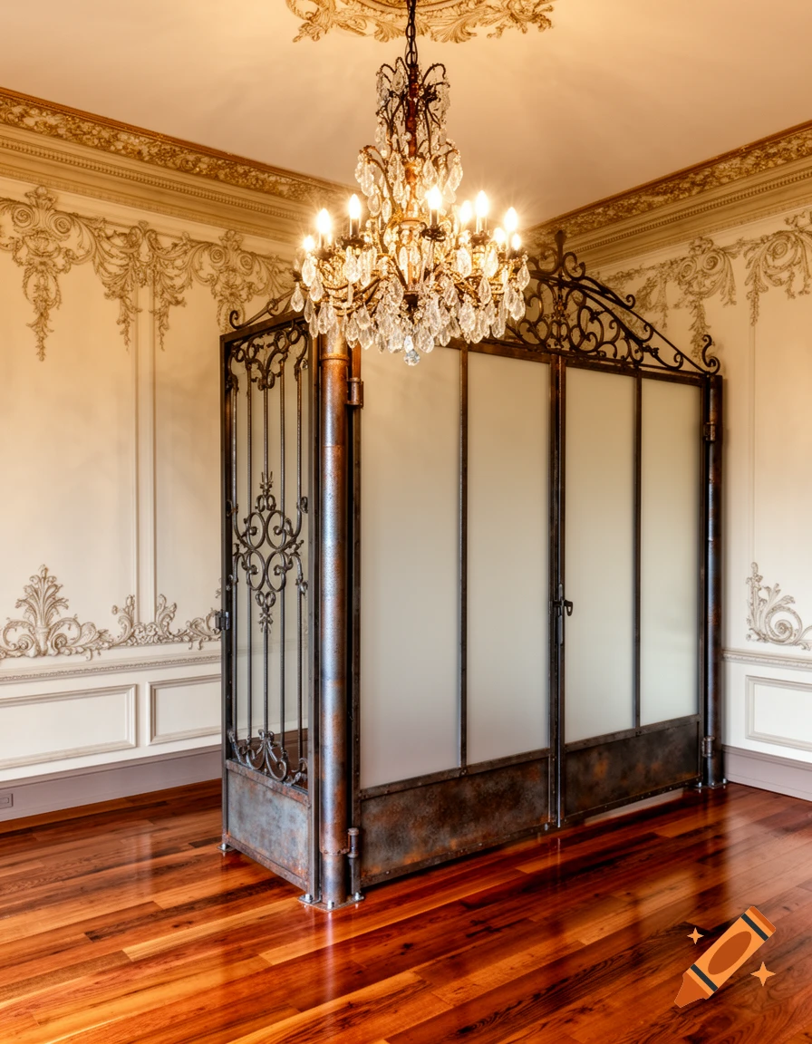 An ornate room featuring a crystal chandelier and an industrial-style metal and frosted glass room divider on a polished wooden floor. Ornate Victorian moldings adorn the light-colored walls.