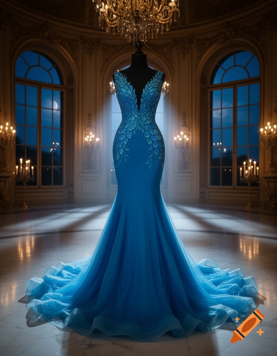 A dazzling blue mermaid silhouette ball gown on a mannequin in a grand, ornate hall with chandeliers and large windows at night.