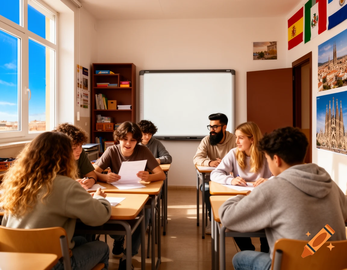 Diverse students and a teacher in a bright classroom with flags and city posters on the wall, engaged in a lesson.