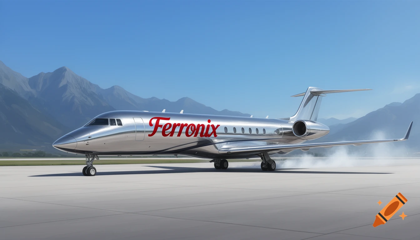 A sleek, chrome private jet with "Ferronix" in red text on its side, parked on an airfield with distant mountains.
