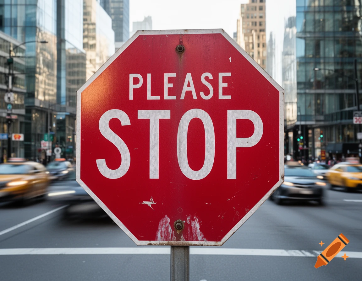 A close-up of a red octagonal stop sign with "PLEASE STOP" written on it, against a blurry city street background with cars and buildings.