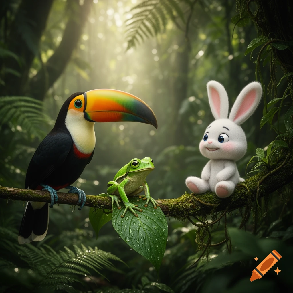 A vibrant toucan, a green frog, and a fluffy white bunny sit on a mossy branch in a sun-dappled jungle.