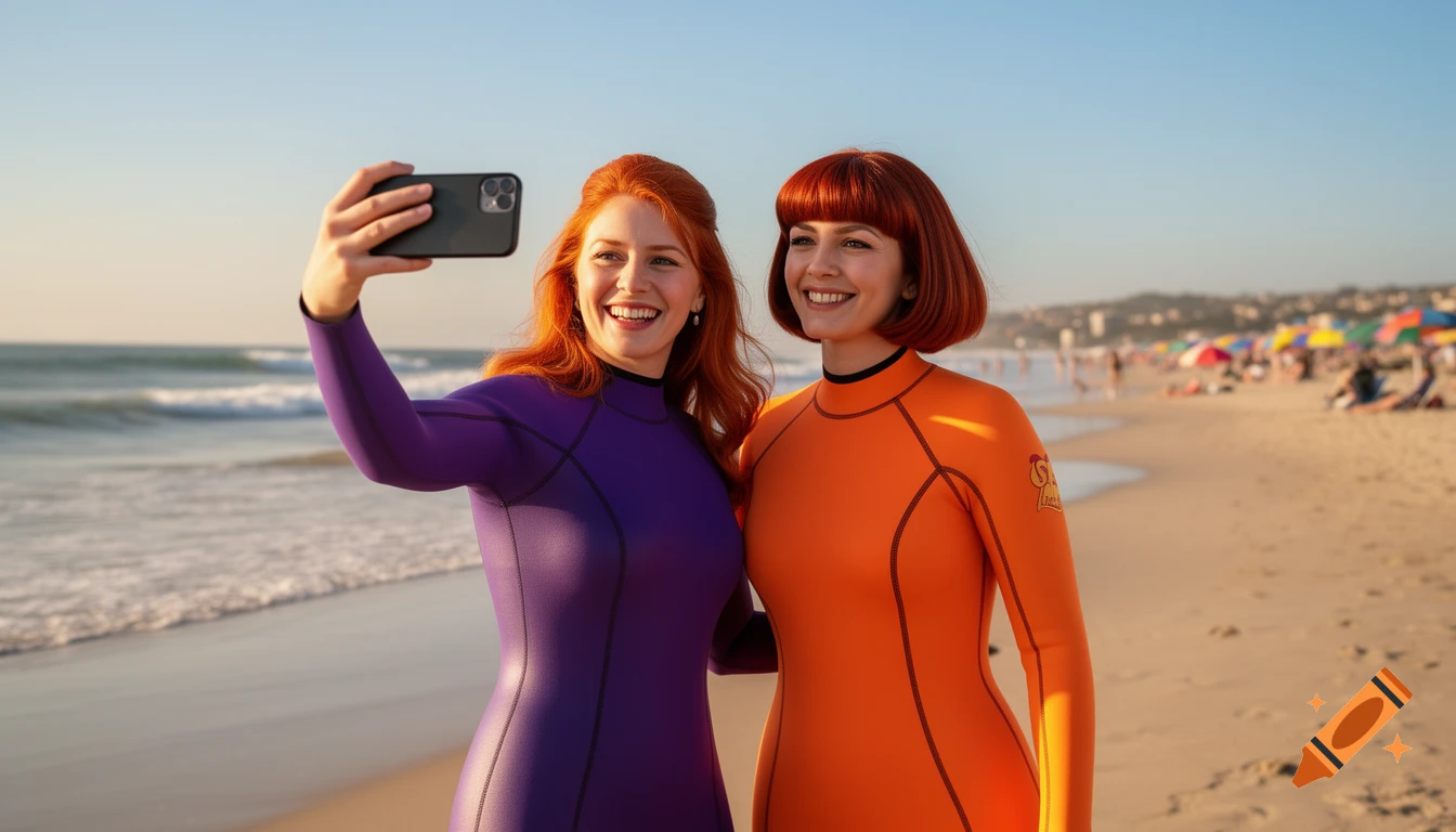 Two women with red hair in purple and orange wetsuits take a selfie on a sunny beach, with people and umbrellas in the background.