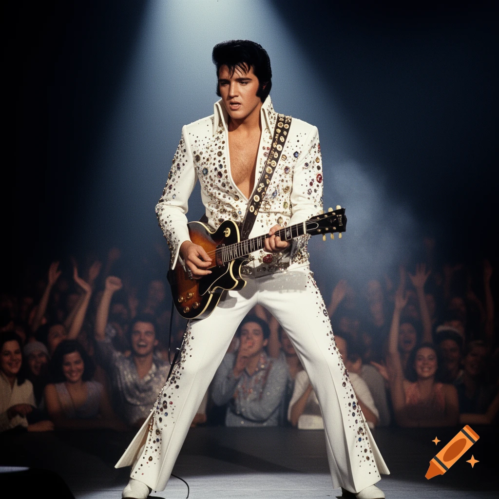 Elvis Presley in a white bedazzled jumpsuit plays guitar on stage with an audience in the background, bathed in spotlights.