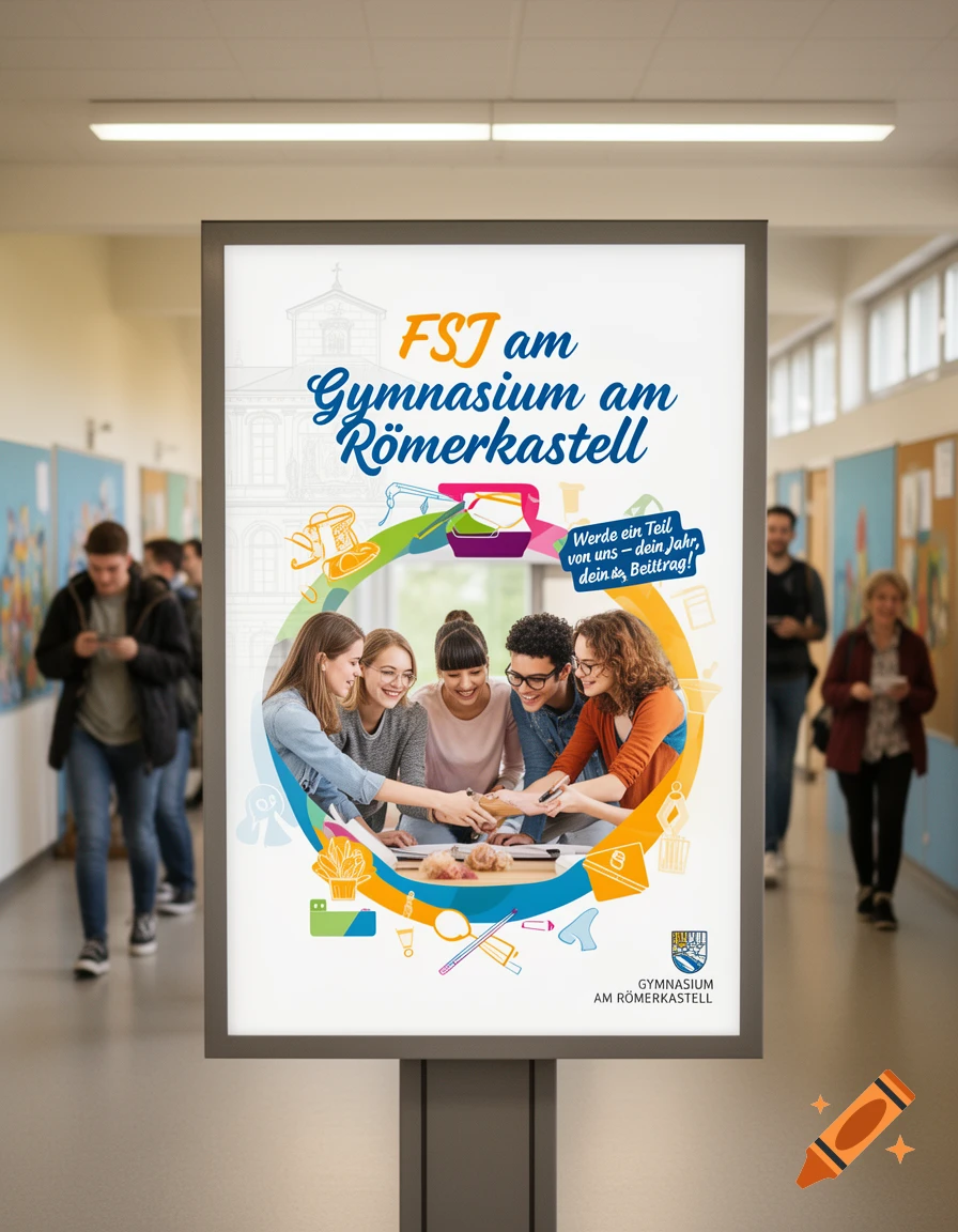 A lighted poster in a school hallway features five smiling students collaborating. Text promotes the "FSJ" program at "Gymnasium am Römerkastell".