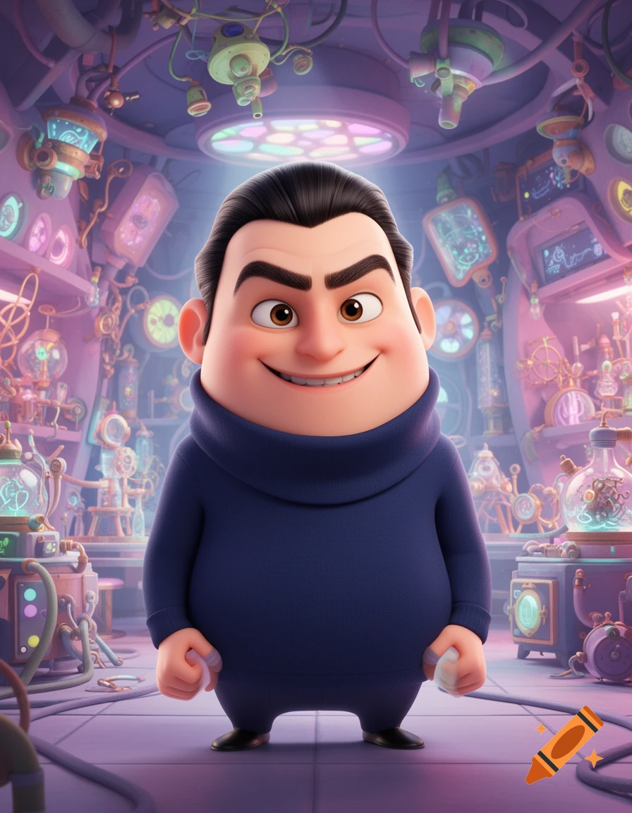 A smiling, chunky 3D animated character resembling Victor from Despicable Me stands in a colorful, futuristic laboratory.