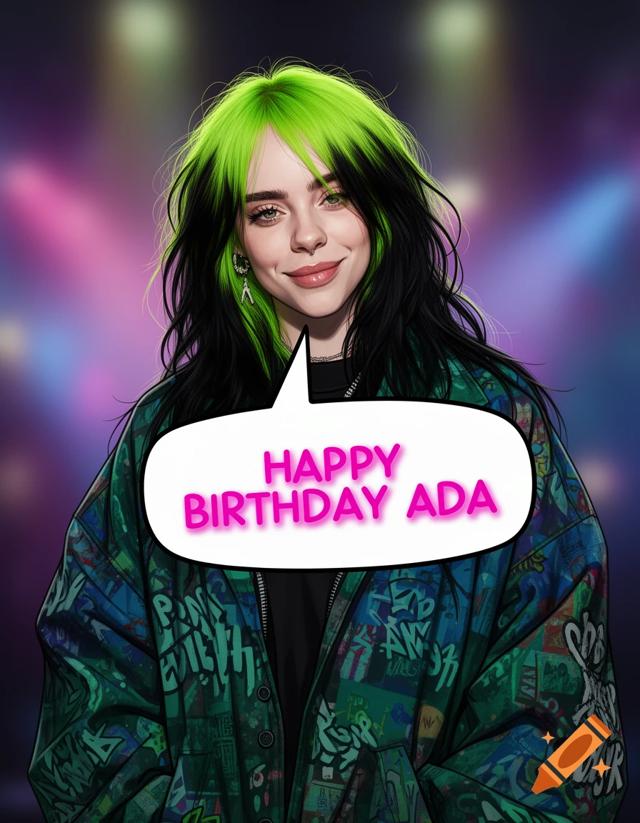 Stylized portrait of Billie Eilish with green and black hair, wearing a graffiti jacket, holding a speech bubble that says "HAPPY BIRTHDAY ADA".