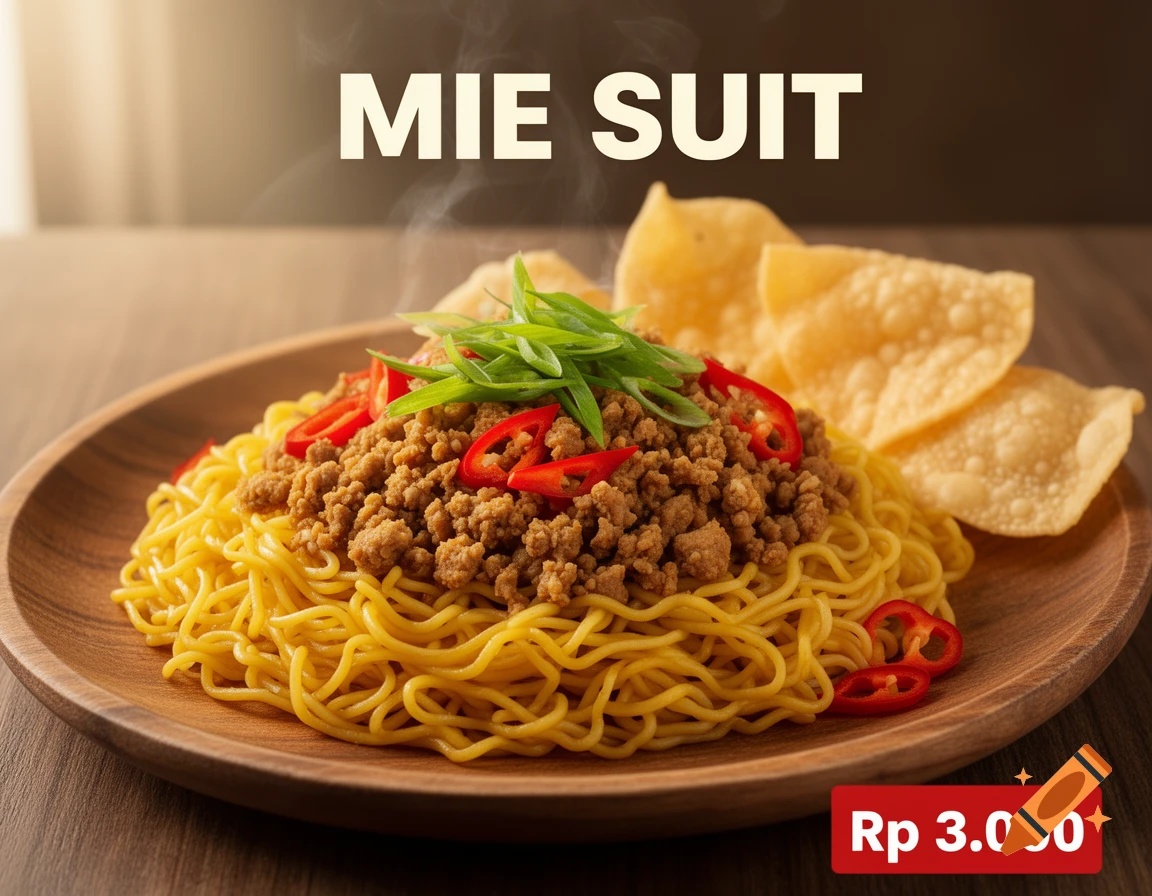 Steaming Indonesian dry noodles with minced chicken, green onions, chili, and wonton crackers on a wooden plate. Text reads 'MIE SUIT' and 'Rp 3.000'.