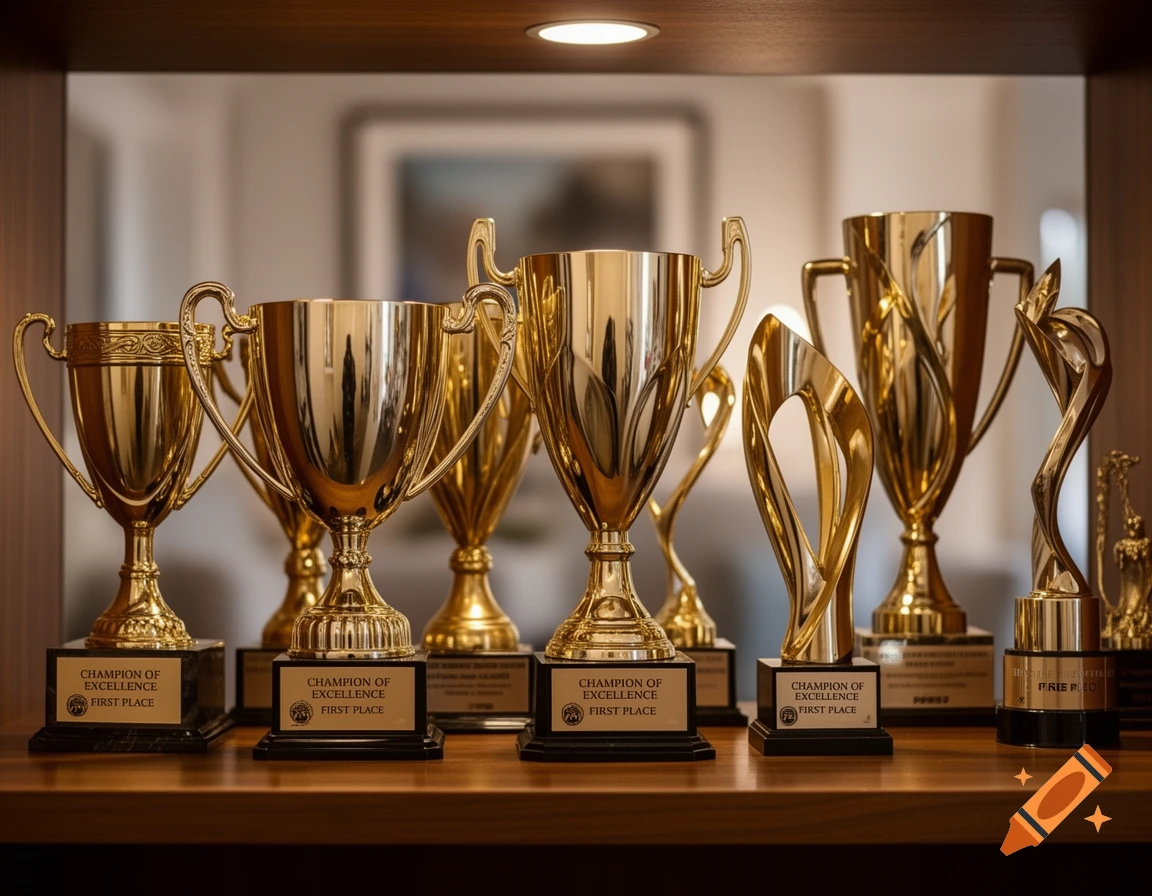 A collection of shiny golden trophies and awards with "CHAMPION OF EXCELLENCE FIRST PLACE" on their bases, on a shelf.