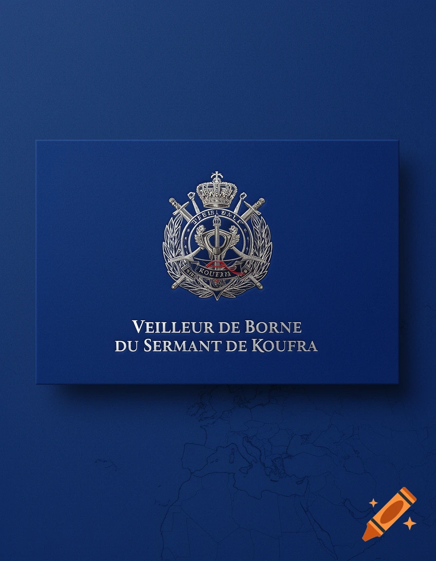 A silver military-style crest with a crown, swords, and laurels, is embossed on a dark blue business card with the text "VEILLEUR DE BORNE DU SERMANT DE KOUFRA" below it. A faint world map outlines the background.