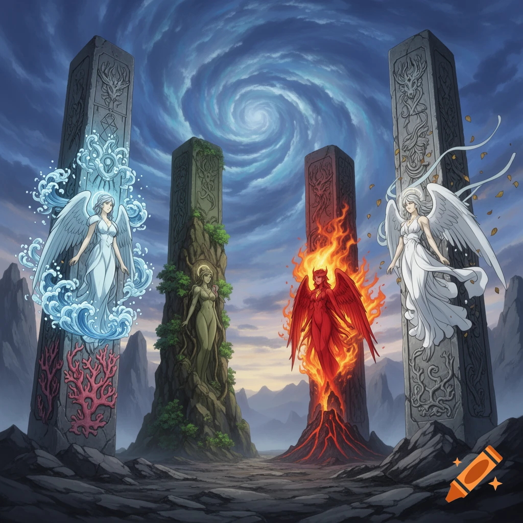 Four elemental figures, representing water, earth, fire, and wind, stand beside ornate stone pillars under a swirling sky in a vibrant anime style.
