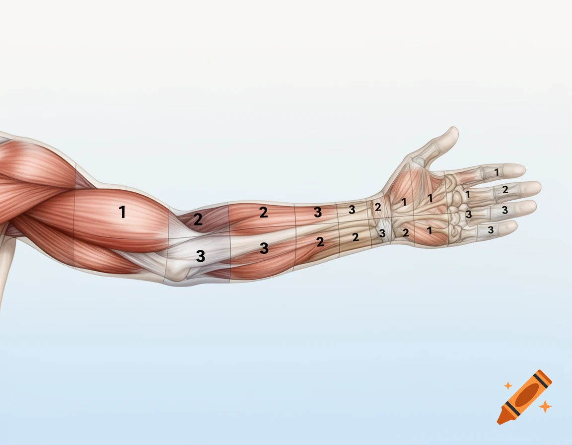 Detailed anatomical illustration of a human arm showing muscles and a numbered dermatome grid.