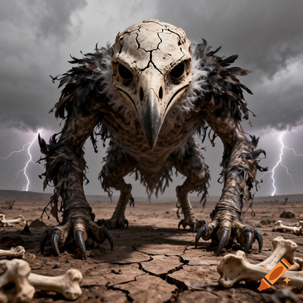 A terrifying bird skull monster with feathery limbs and sharp talons crouches on cracked, arid earth, surrounded by bones, under a dark, stormy sky with lightning.