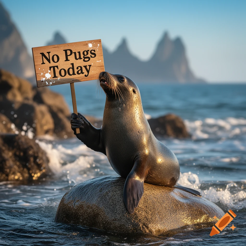 A photorealistic seal sits on a rock in the ocean, holding up a wooden sign that reads "No Pugs Today".
