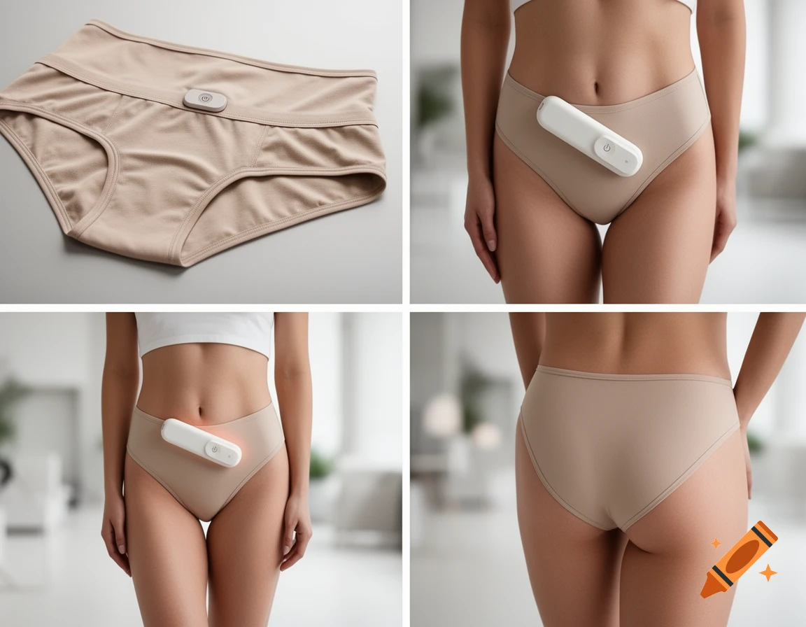 Photorealistic product shots of beige period underwear with a white integrated heat device, shown alone and worn by a woman.