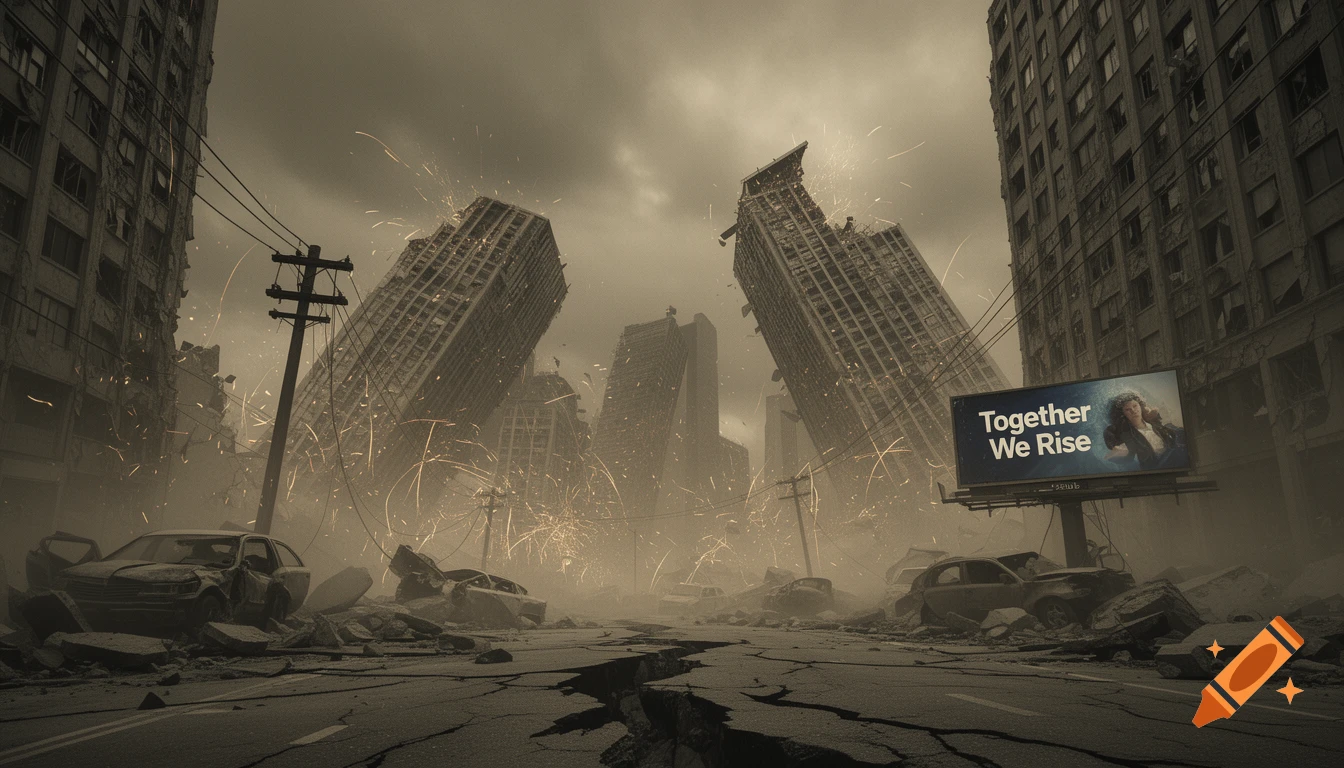 Photorealistic, sepia-toned image of a city destroyed by an earthquake, showing collapsed buildings, cracked roads, damaged cars, and a billboard reading 'Together We Rise'.