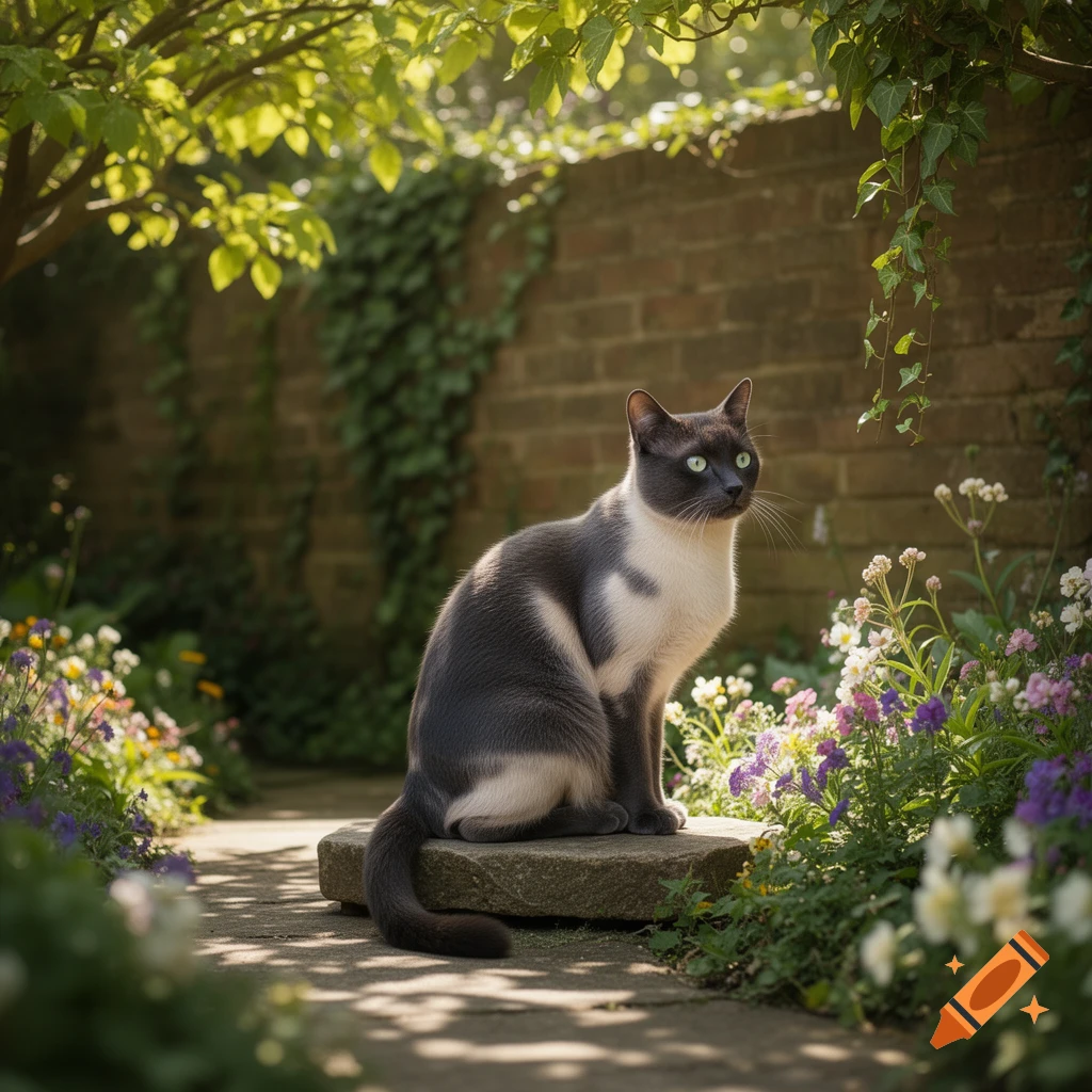A grey and white cat with green eyes sits on a stone in a sunlit garden filled with colorful flowers and green foliage.