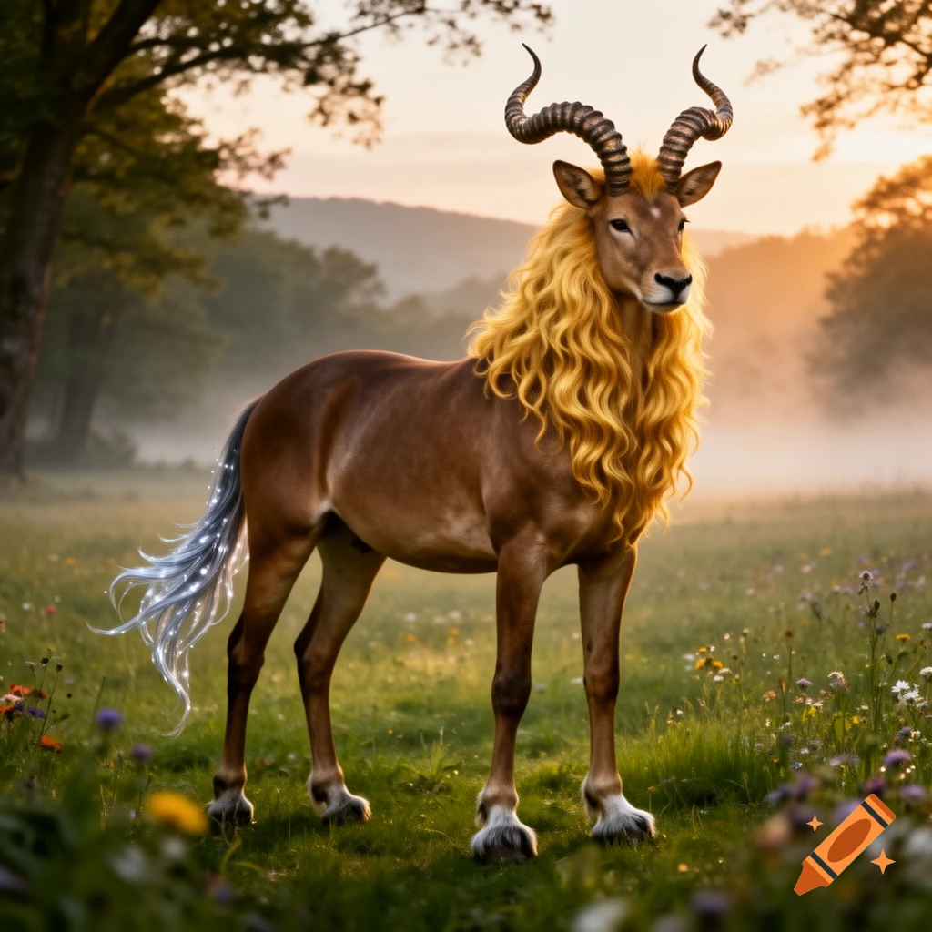 A majestic fantasy hybrid creature, with curved horns, a blonde wavy mane, a brown body, and a sparkling white-blue tail, stands in a misty, sunlit meadow with wildflowers.