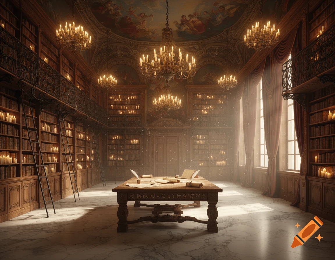 A grand, ornate library filled with bookshelves, glowing candles, chandeliers, and magical dust, centered around a wooden table with scrolls.