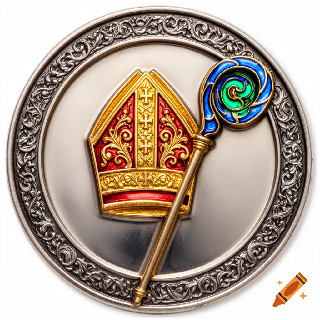 A shiny silver commemorative medal featuring a gold and red bishop's mitre and a gold crozier with blue and green enamel, on an ornate silver border.