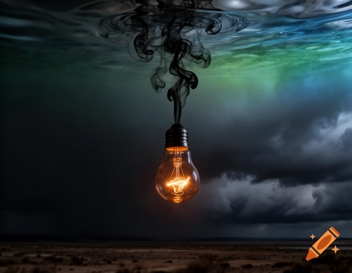 An illuminated lightbulb emits black smoke dissolving into rippling water, set against a dark, stormy landscape.