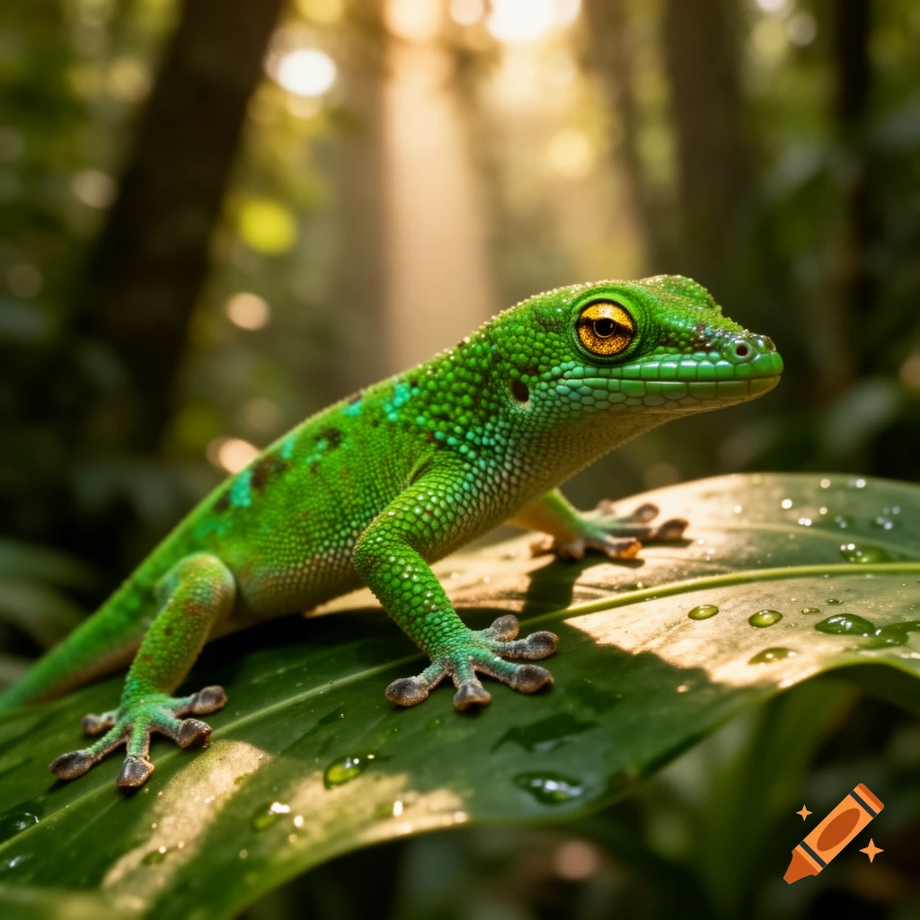 A vibrant green gecko with bright orange eyes sits on a large leaf covered in water droplets, bathed in sunrays in a lush jungle.