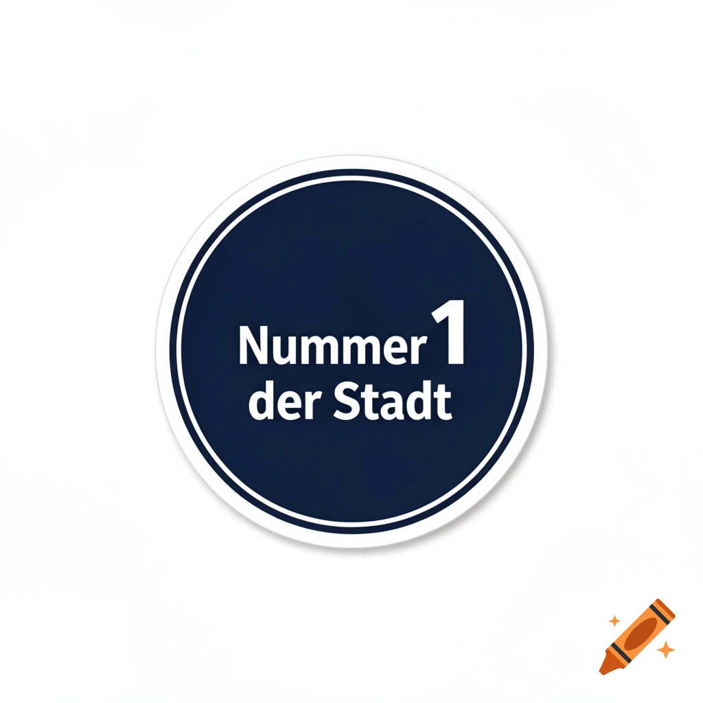 A dark blue circular sticker with white text 'Nummer 1 der Stadt' (Number 1 of the City) and a white border, on a white background.