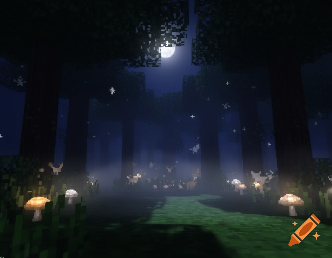 A dark, pixel art forest at night with a full moon, glowing mushrooms, and mist on the ground, reminiscent of PS2-era graphics.