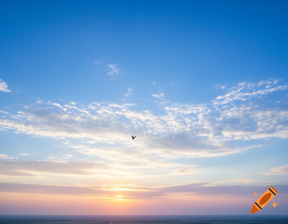 A vibrant blue sky with scattered white clouds transitioning to a pink and orange sunset over a distant landscape, with a lone bird.
