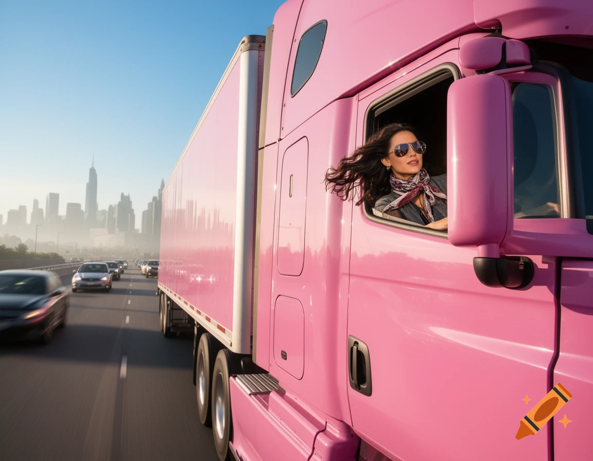 A woman with flowing dark hair and sunglasses drives a bright pink semi-truck down a highway with a city skyline in the background.