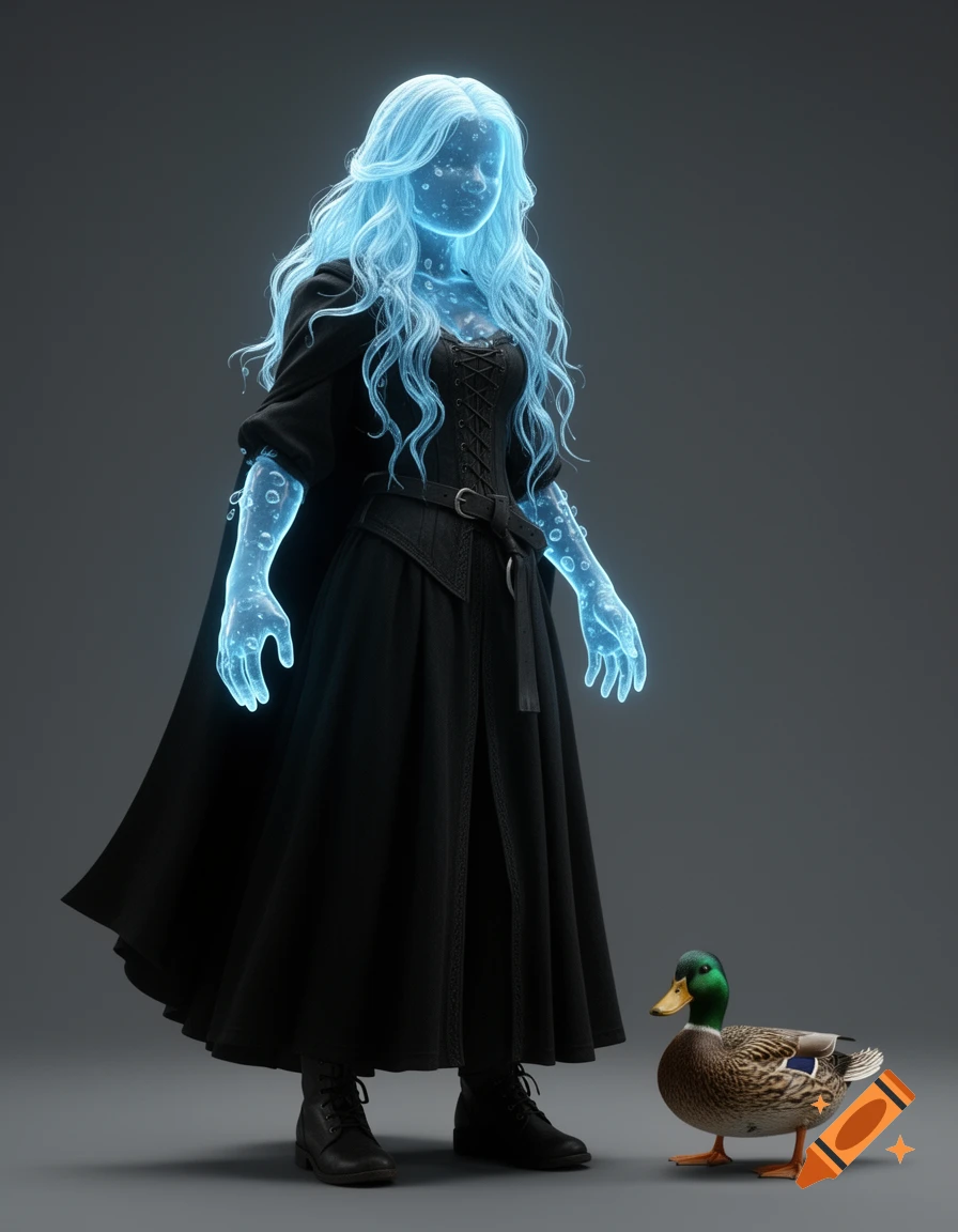 A glowing blue translucent fantasy character in black medieval attire stands next to a mallard duck on a gray background.