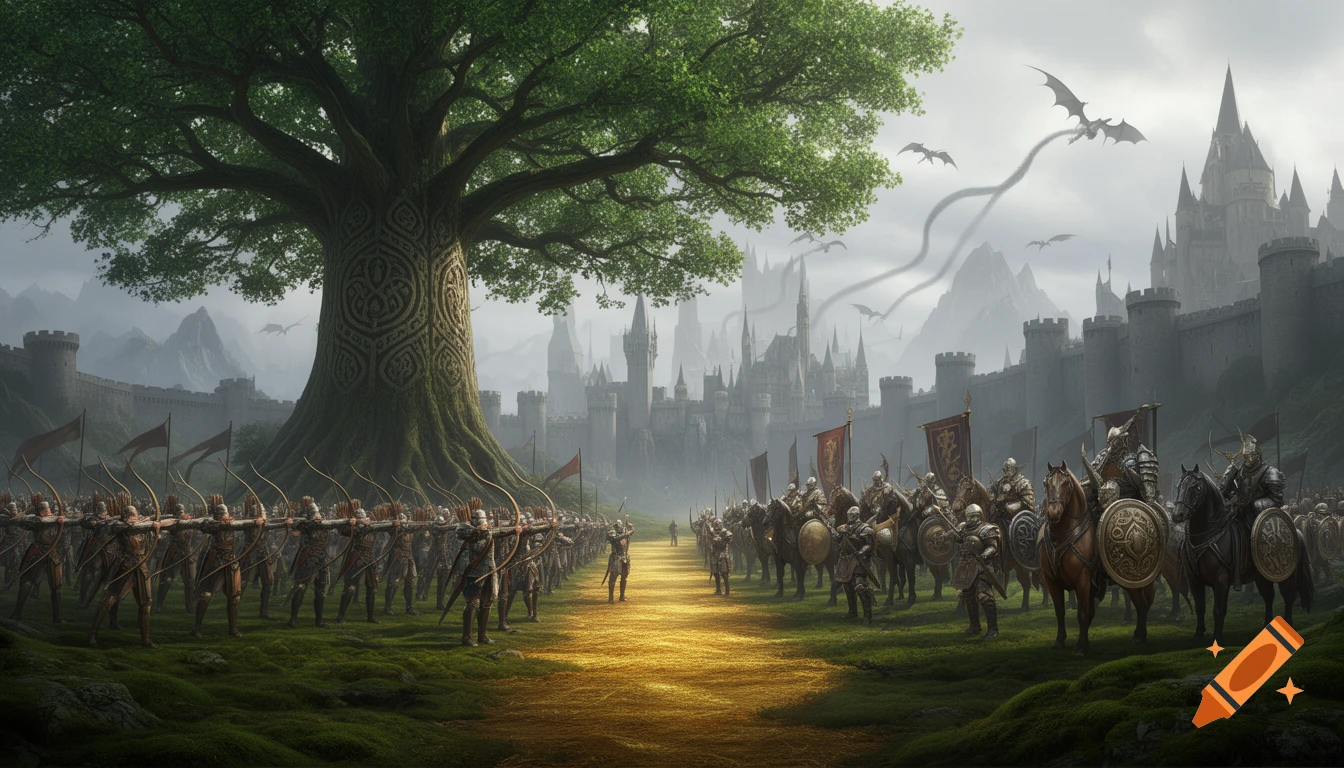 Epic fantasy scene with armies of archers, cavalry, and infantry on a golden path before a huge tree, with a large castle and dragons in the misty background.