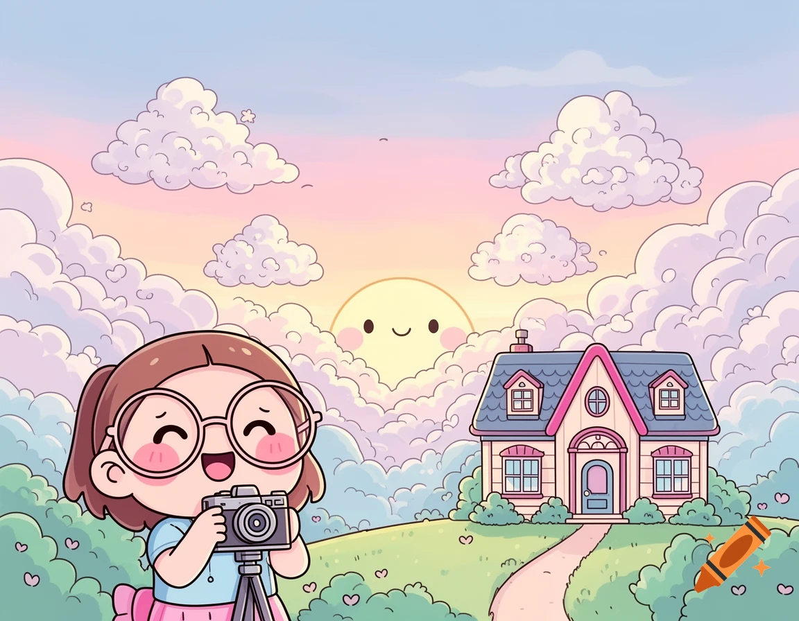 A happy kawaii girl with glasses takes a photo of a cute pink house on a hill, under a pastel sky with a smiling sun.