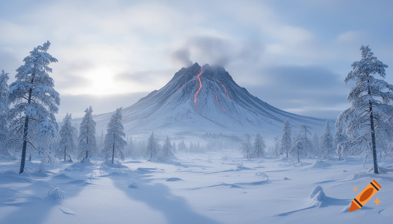 Photorealistic snowy winter landscape featuring an erupting volcano with glowing lava streams, surrounded by frost-covered pine trees.