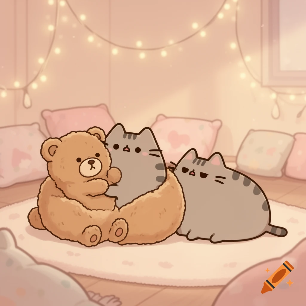 A cartoon Pusheen cat cuddles a teddy bear on a rug with a second Pusheen looking on enviously, under string lights.