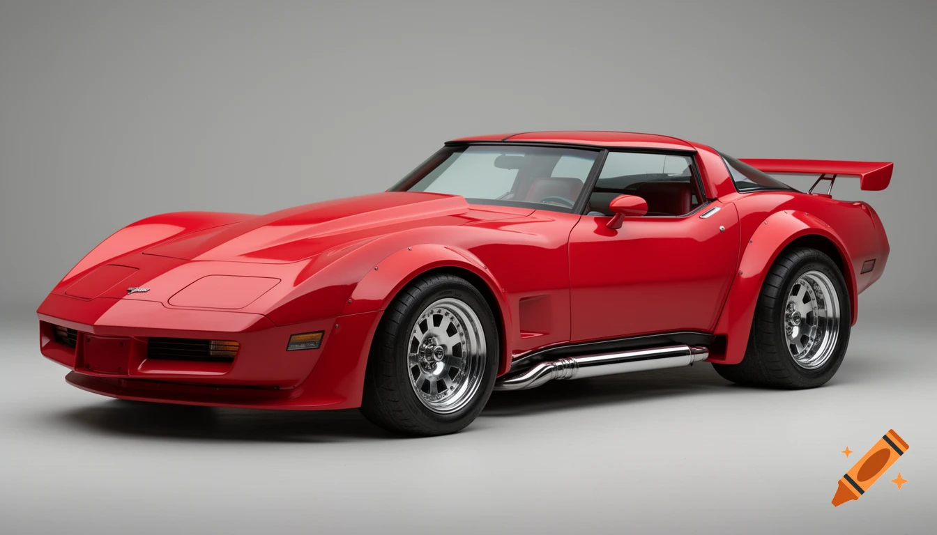 A red 1982 Chevrolet Corvette with wide fenders, chrome deep-dish rims, a large hood scoop, and a big rear spoiler, against a grey background.