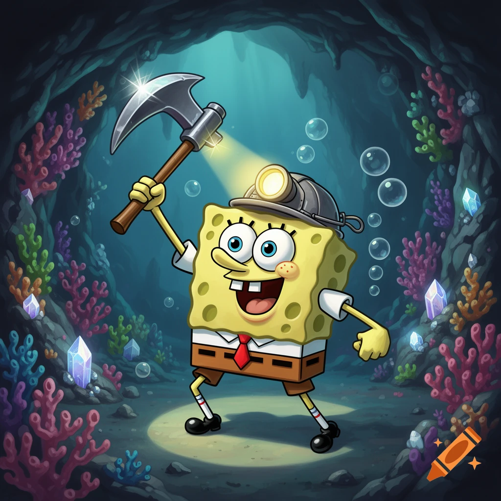 Spongebob Squarepants in a miner's helmet and holding a pickaxe in an illuminated underwater cave with corals and crystals.