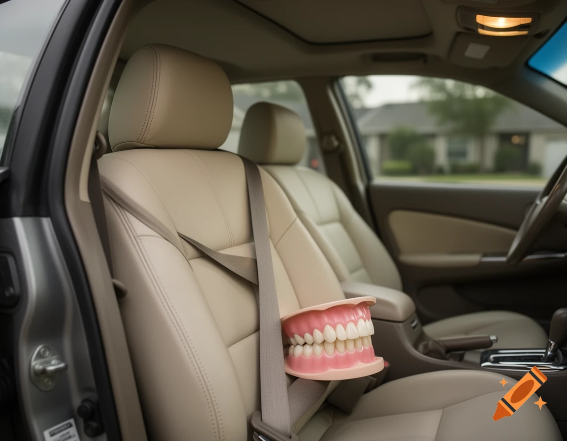 A set of large false teeth, featuring pink gums and white teeth, buckled into the passenger seat of a car.