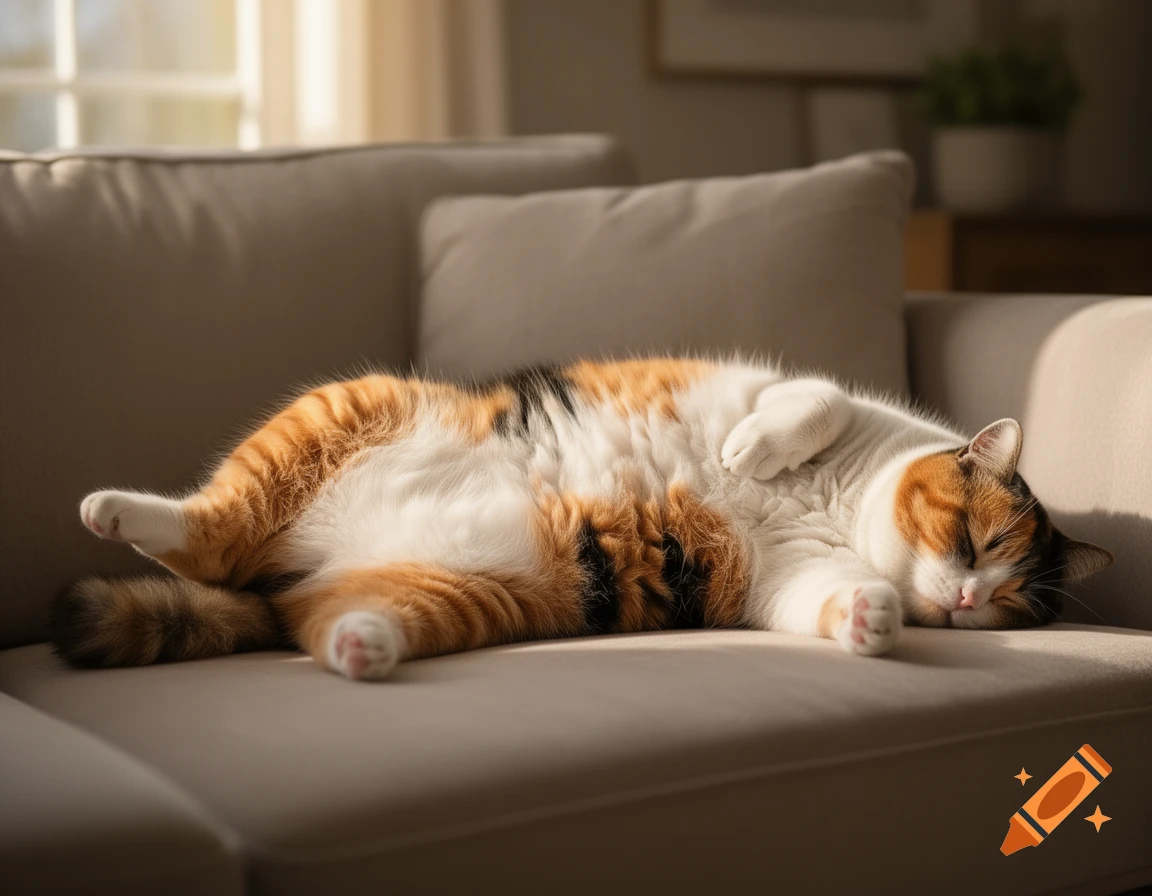 Photorealistic image of a chunky calico cat with a fluffy white and orange tummy, sleeping on its back on a beige couch in sunlight.