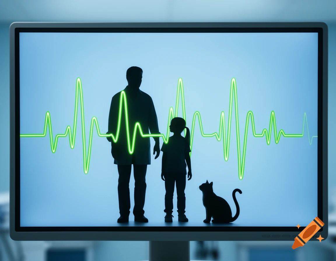 Silhouettes of a man, a child, and a cat on a monitor screen with a bright green EKG line.