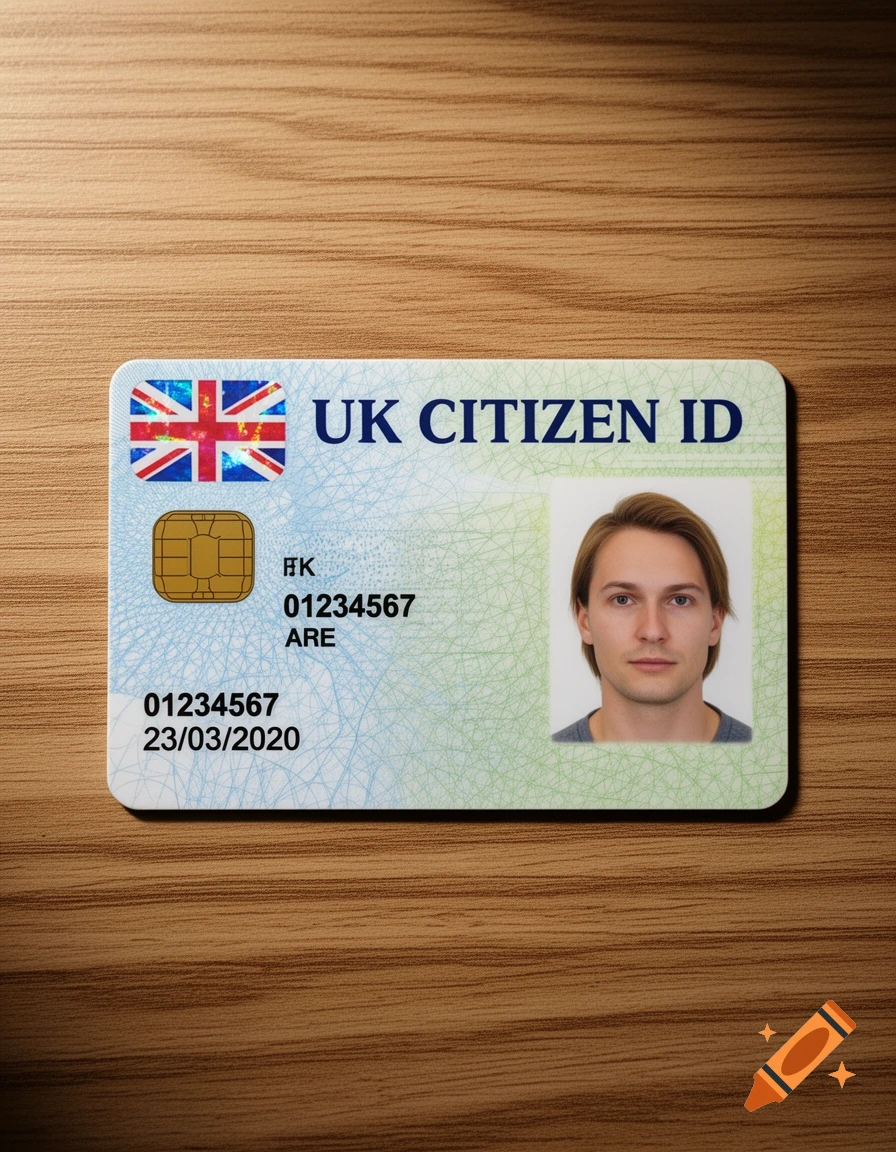 A UK Citizen ID card featuring a man's photo, the Union Jack flag, a microchip, and placeholder text, resting on a wooden table.