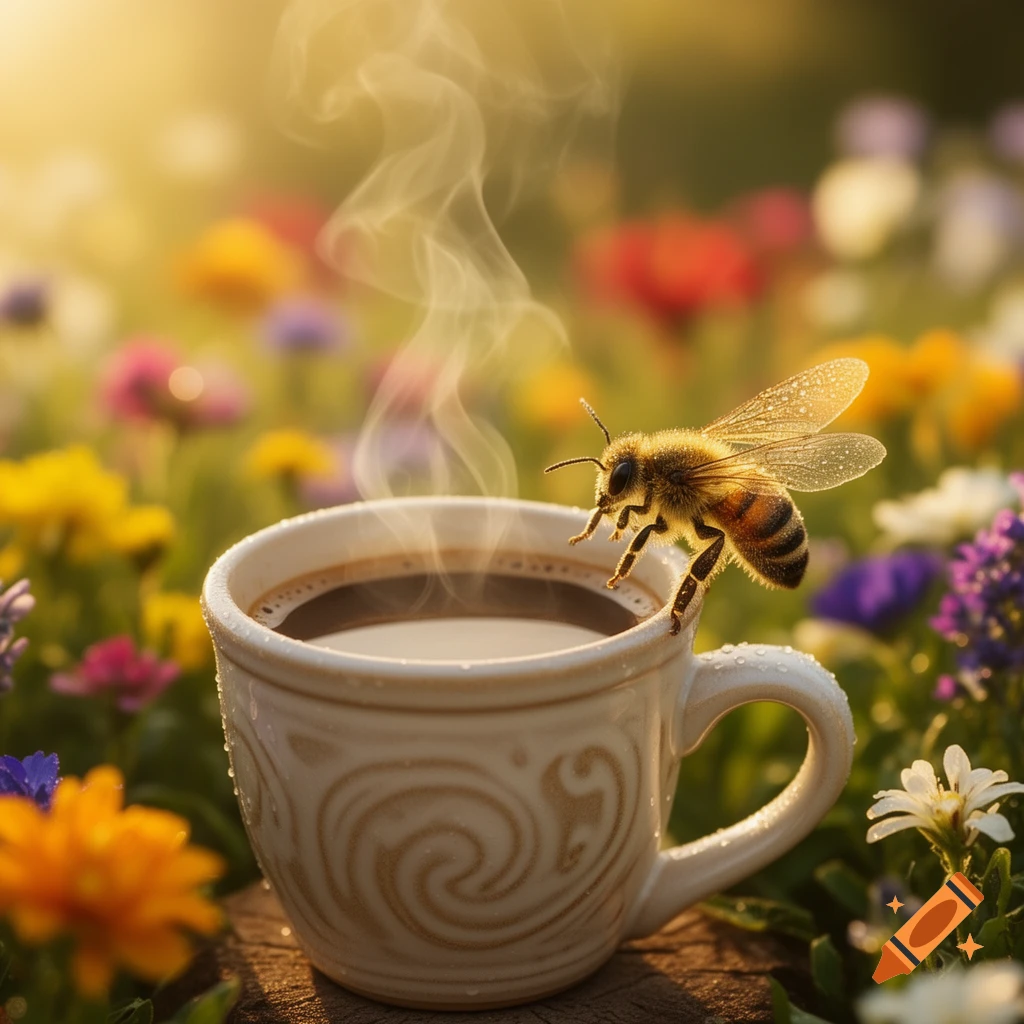 A detailed bee perches on a white coffee cup, steaming in a vibrant field of blurred wildflowers under golden light.