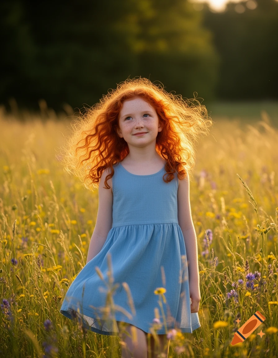 A young girl with long, curly red hair stands in a sunlit field filled ...